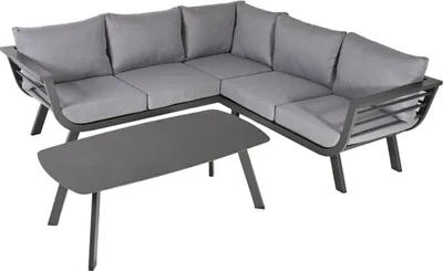 Garten Lounge-Gruppe Sitzgruppe AURELIA in Dunkelgrau mit grauer Polsterung, Gesamtansicht mit Ecksofa und Tisch.
