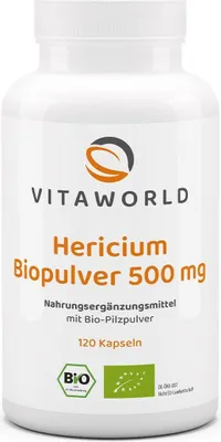 Produktbild von Vitaworld Hericium Biopulver 500 mg | 120 Kapseln | 500 mg Pulver pro Kapsel | Igelstachelbart | vegan
