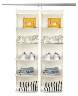 Produktbild von 2er-Set Hänge-Kleiderschrank-Organizer, Stoff-Hängeregal, 5 Fächer, hochwertige Hängeaufbewahrung mit Eisenrahmen, 30 x 30 x 108 cm, beige