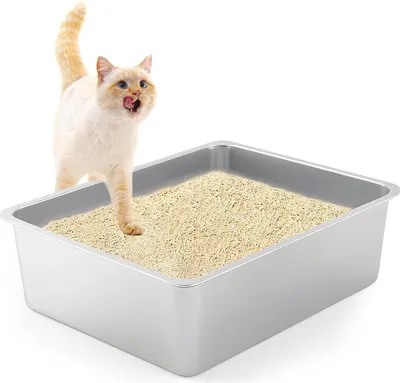 Produktbild von XXL Katzenklo 50 * 35 * 15CM Katzentoilette Edeltsahl Katzentoilette Gro?, offenes Katzenklo fš¹r Einstieg von Oben, Rostfrei, Antihaft Glatte Oberfl?che (50 * 35 * 15CM)