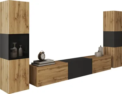 Produktbild von MIRJAN24 Wohnwand Berlin III, Stilvoll Wohnzimmer-Set, TV-Schrank, Modern Mediawand (Wotan Eiche / Wotan Eiche + Schwarzer Graphit, ohne Beleuchtung)