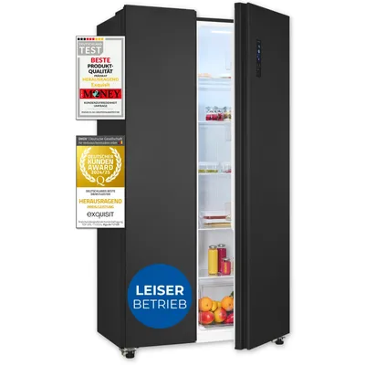A black side-by-side refrigerator with its doors open, displaying food items and shelves. Several award badges and a blue circle with text are attached to the left door.