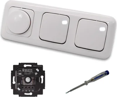 Produktbild von Busch Jäger 6523UR-103 LED Drehdimmer Dimmer + Dimmerscheibe 2115-214 und 2 x Lichtschalter 2000/6 US in Reflex Si alpinweiß glänzend inklusive EBROM Phasenprüfer zur Montage der Geräte 6523 UR-103
