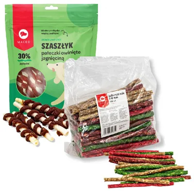 Produktbild von Maced Mix Hundesnacks Kabanos Mix 100 Stück 600g + Lammspieße 500g