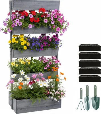 Image de Jardin surélevé vertical Relaxdays, en bois, dimensions : 180 x 80 x 48 cm, jardinière surélevée à 5 bacs, jardinière à étages pour balcon ou terrasse, avec toile de paillage et accessoires, gris