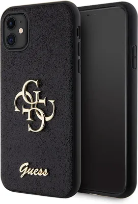 A black iPhone case with a gold Guess logo and text.