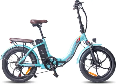 A studio shot of a blue folding electric bicycle against a white background.