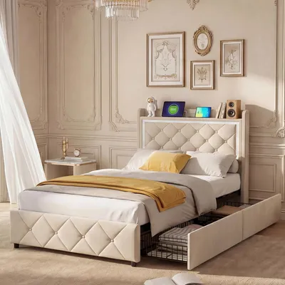 Image de Lit bébé INONEFT 90 × 200 cm, lit pour adolescents, lit avec rangement (2 tiroirs) et sommier à lattes, lit simple avec LED et port USB, velours, beige, sans matelas