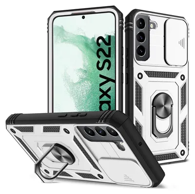 Produktbild von Galaxy S22 5G Hülle, Schiebe Kamera Schutz Robust Rüstung Stoßfest Schutzhülle mit Ringhalterung Ständer Kartenhalter für Samsung Galaxy S22 5G Grün