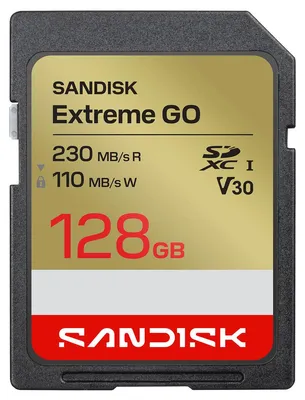 Produktbild von SanDisk Extreme GO, 128 GB, SDXC, UHS-I, 230 MB/s, 110 MB/s, Class 3 (U3)