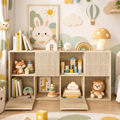 Produktbild von INONEFT Bücherregal mit 4 Türen und 8 Staufächern, 125x30x60cm modulares Bücherregale kinder, Regal, Aufbewahrungsregal,Spielzeugkiste, Holzfarbe