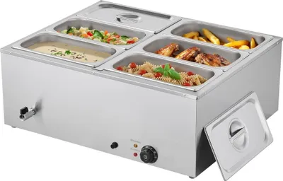 Image de Chauffe-plats professionnel - 6 récipients de taille 1/3 - 1,5 kW Récipient chauffant électrique en acier inoxydable avec couvercle & louche - Set de chafing dishes pour traiteur, restaurant et fête