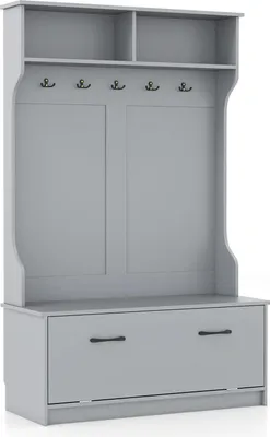 Image de Portemanteau/porte-manteau - Meuble d'entrée avec banc - 5 crochets doubles - Compartiments ouverts - Armoire à chaussures - Bois - Gris clair