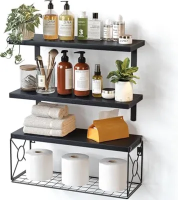 Productafbeelding van PromoHome® Zwevende opbergplanken met draadmand – Set van 4 – Natuurhout, 41 x 14 x 11 cm, zwart