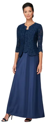 Image de Robe deux pièces pour la mère de la mariée, modèle Alex Damen, avec veste en dentelle (tailles petites et régulières)