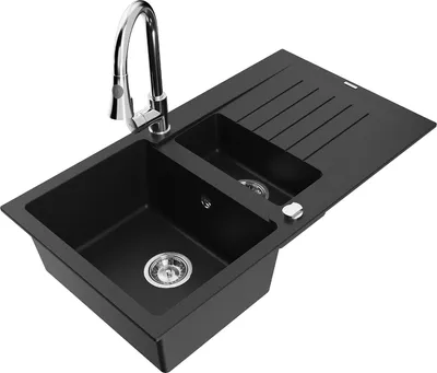 Produktbild von Mexen Matias 1,5-Becken-Granitspüle mit Abtropffläche und Mischbatterie Elia, Schwarz - 6502-77-670101-00