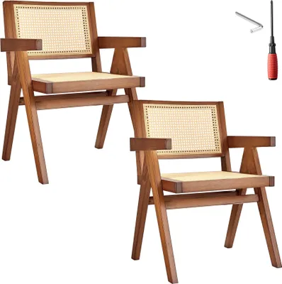 Two wooden chairs with cane webbing are shown against a white background, along with assembly tools.
