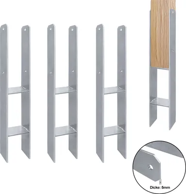 Four H-shaped metal post anchors are shown in a row, with a fifth anchor holding a wooden post on the right. A close-up inset shows the thickness of the metal.