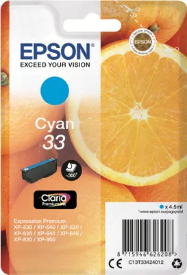 Produktbild von Epson Oranges Singlepack Cyan 33 Claria Premium Ink, Standardertrag, Cyan, 4,5 ml, 1 Stück(e), 300 Seiten