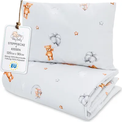 Produktbild von Kinder Bettdecke ohne Bezug 90x120 cm - Baumwolle Baby Decke und Kissen Set Kinderdecke 90 x 120 und Kopfkissen 60 x 40 - Bettdecken Kinderbettdecke für Babybett Teddybären