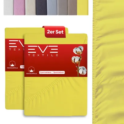 A product image showing two yellow fitted sheets with branding and product information.