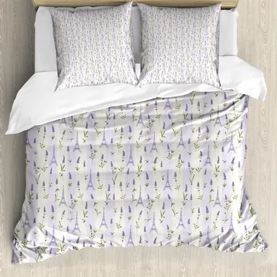 Immagine prodotto di Set copripiumino ABAKUHAUS Paris, composizione floreale con lavanda su morbido motivo a righe con simbolo della città, 155 x 220 cm + 80 x 80 cm, verde chiaro lavanda