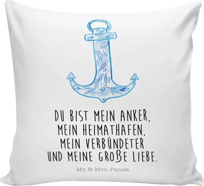 Produktbild von Mr. & Mrs. Panda kissen für sofa Anker Blau - Weiß - Geschenk, flauschkissen, bedruckt, Kleines, 40x40, Dekokissen, Gute Laune, kuschelkissen