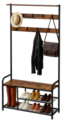 Produktbild von Garderobenständer mit 9 Haken, Schuhbank und Ablage, 30 x 85 x 180,5 cm, für Flur, Schlafzimmer und kleine Wohnungen, Industrie-Design, vintagebraun-schwarz