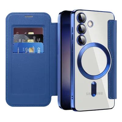Immagine prodotto di Custodia per Samsung Galaxy S25 compatibile con MagSafe, custodia trasparente con portacarte, custodia in pelle con protezione della fotocamera blu