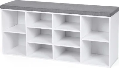 A white shoe cabinet with a gray upholstered seat on top, shown against a white background.