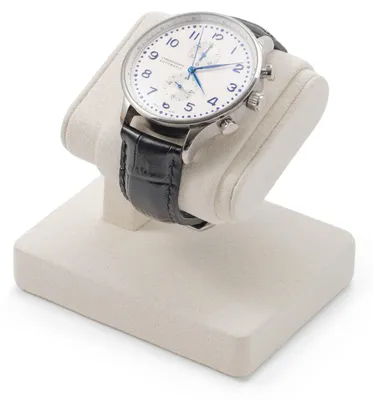 Produktbild von Uhrenständer aus Samt – r Uhrenhalter für eine einzelne Uhr, bezogen mit weichem Samt, ein eleganter Tischständer für Damen- und Herrenuhren (beige).
