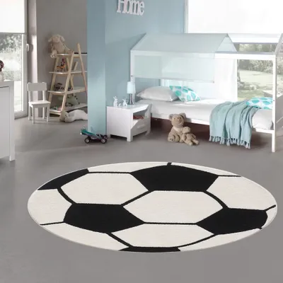 Produktbild von Runder Fußball-Teppich Weich & Strapazierfähig für Kinderzimmer & Wohnzimmer in schwarz weiß Größe - 160 cm Rund
