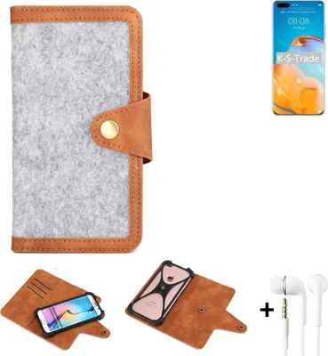 Produktbild von K-S-Trade Handyhülle + Kopfhörer kompatibel mit Huawei P40 Pro+ Schutzhülle Filz Hülle Kunstleder hellgrau braun (1x)