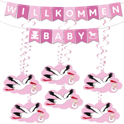 Produktbild von BRUBAKER Willkommen Baby Girlande für Mädchen - Wimpelkette mit Storch Anhängern - Deko Set für Zuhause, Babyparty und Babyzimmer Dekoration, Rosa
