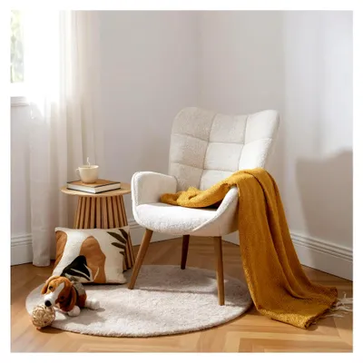 Produktbild von Relaxsessel Polstersessel Einzelsofa mit Holzbeinen Ohrensessel für Wohnzimmer, Bouclé-Stoff, Beige