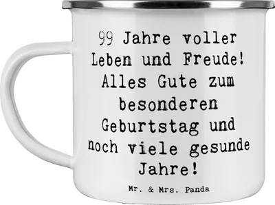 Produktbild von Mr. & Mrs. Panda Emaille Tasse Spruch 99. Geburtstag - Weiß - Geschenk, Teetasse, Jubiläumsfeier, Zuneigung, Geburtstagsgeschenk, Kaffeepott, Blechtasse, Meilenstein