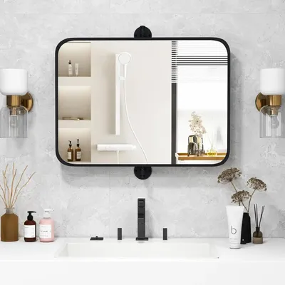 Image de Miroir mural - Miroir de salle de bains rectangulaire - 76,5 x 56 cm - Inclinable - Cadre métallique - Fixation murale - Noir