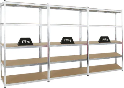 Produktbild von Mega Deal | 3x Schwerlastregal Giant Ragnar | HxBxT 200x120x50cm | 5 MDF-Platten-Ebenen | Fachlast 175kg | Verzinkt