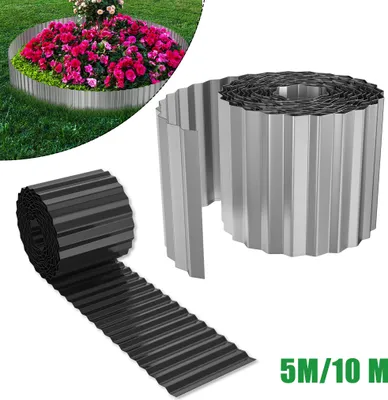 A collage of garden edging products, showing a finished installation and rolls of the product.