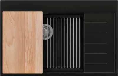 Produktbild von PRIMAGRAN Spülbecken Schwarz 78x50cm, Granitspüle 1 Becken + Ablauf-Set + Küchenzubehörset, Küchenspüle ab 60er Unterschrank - Sydney