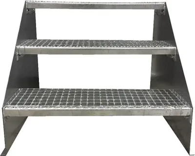 A three-step metal staircase on a white background.