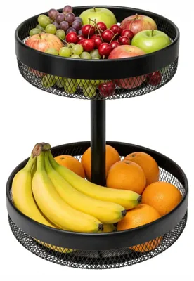 Image de Panier à fruits à deux niveaux - Support pour panier à fruits - Panier en fil métallique amovible - Métal - Pour plan de travail de cuisine, bar à café et garde-manger - Noir