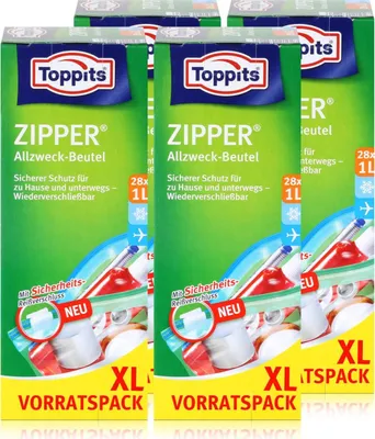 Produktbild von Toppits Zipper Allzweck-Beutel 20x15cm - Vorratspack XL 28x1 Liter (4er Pack)