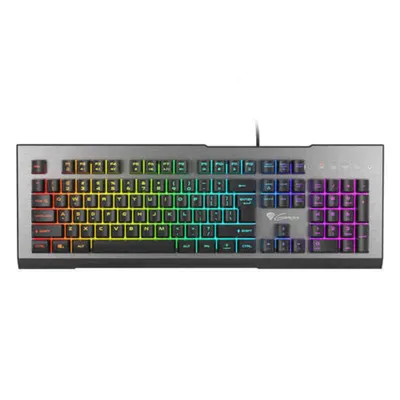A top-down view of a gaming keyboard with RGB lighting.