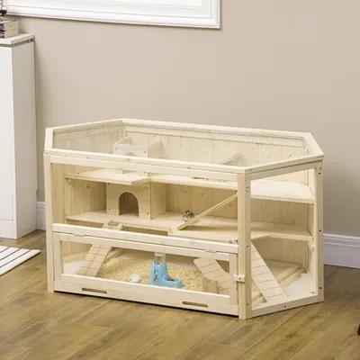 Produktbild von SUGIFT Kleintierkäfig Holz 3 Ebenen, Nagerkäfig Tannenholz Plexiglas, Hamsterkäfig Rampe Wippe, Naturholz | 115x60x55 cm | 12,9 kg | Bodenwanne