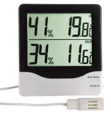 Produktbild von TFA Dostmann Digitales Thermo-Hygrometer für Raum- und Außenklima, 50.1013, Thermometer innen, Luftfeuchtigkeitsmessgerät, mit Kabelfühler, Außenwerte, schwarz-weiß