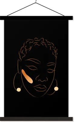 Produktbild von MuchoWow® Textilposter Frau - Schwarz - Gold - Strichzeichnung 40x60 cm mit schwarzem Rahmen - Wanddekorationen