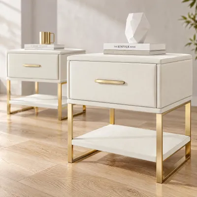 Produktbild von Nachtschrank 2er Set in Beige, Samt Nachttische mit Schublade und offenem Stauraum, Goldfarbenes Metallgestell, Elegante Schlafzimmermöbel im modernen