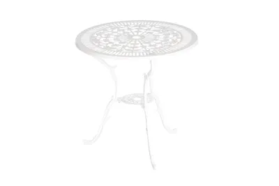 A white cast aluminum garden table with a decorative top and three legs, isolated on a white background.