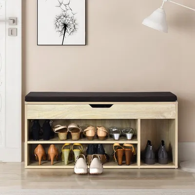 Image de Banc à chaussures commode à chaussures étagère à chaussures avec coussin d'assise bois 104 x 48 x 30 cm blanc/naturel-naturel